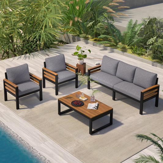 Ensemble de canapé d'extérieur 4 pièces pour 5 personnes avec coussins amovibles et table basse en bois massif