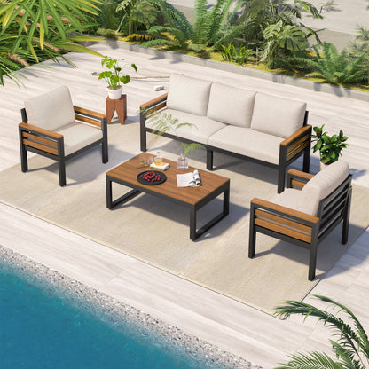 Ensemble de canapé d'extérieur 4 pièces pour 5 personnes avec coussins amovibles et table basse en bois massif