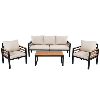 Ensemble de canapé d'extérieur 4 pièces pour 5 personnes avec coussins amovibles et table basse en bois massif