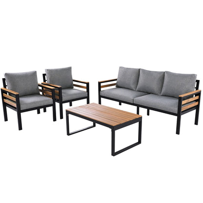 Ensemble de canapé d'extérieur 4 pièces pour 5 personnes avec coussins amovibles et table basse en bois massif