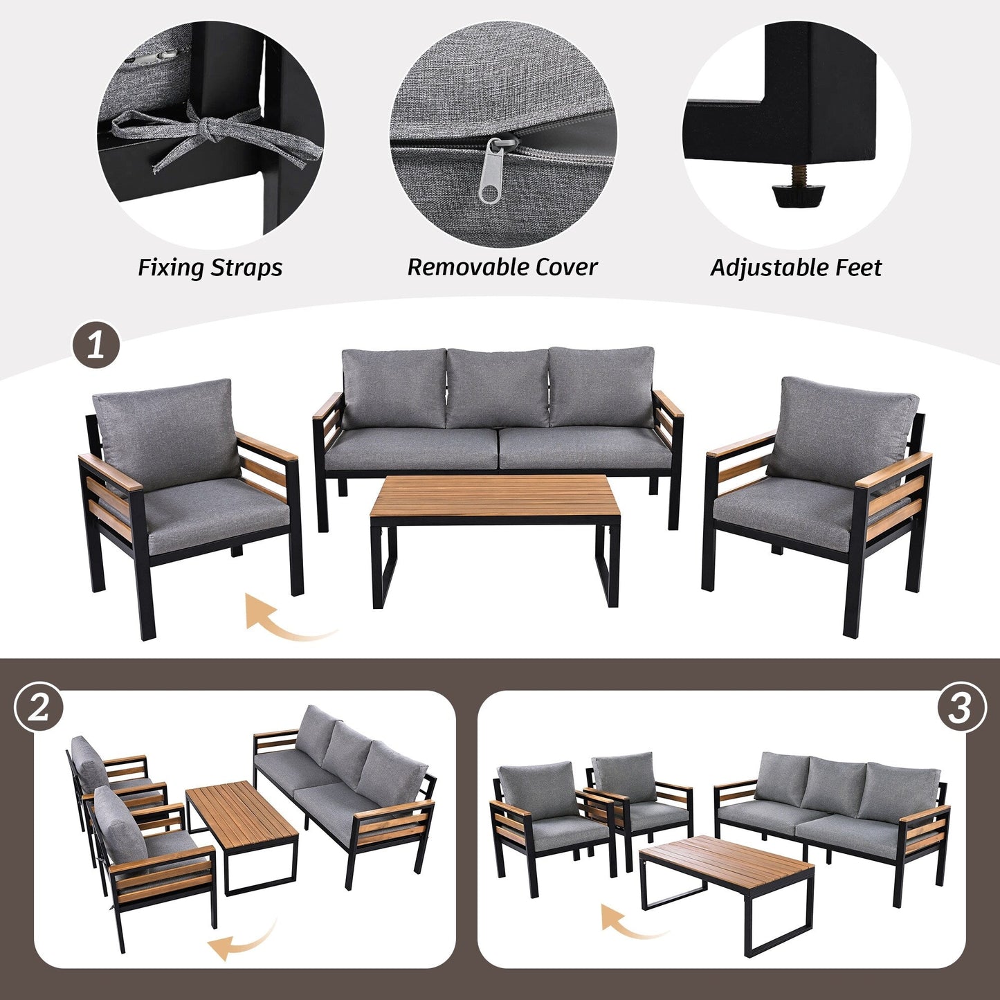 Ensemble de canapé d'extérieur 4 pièces pour 5 personnes avec coussins amovibles et table basse en bois massif