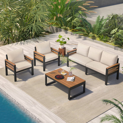 Ensemble de canapé d'extérieur 4 pièces pour 5 personnes avec coussins amovibles et table basse en bois massif