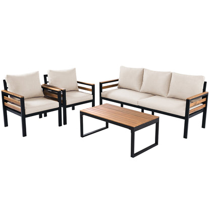 Ensemble de canapé d'extérieur 4 pièces pour 5 personnes avec coussins amovibles et table basse en bois massif