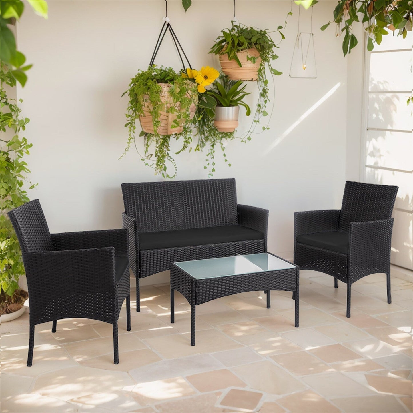 Ensemble de meubles en osier pour patio, 4 pièces, ensemble de meubles d'extérieur en rotin avec coussins