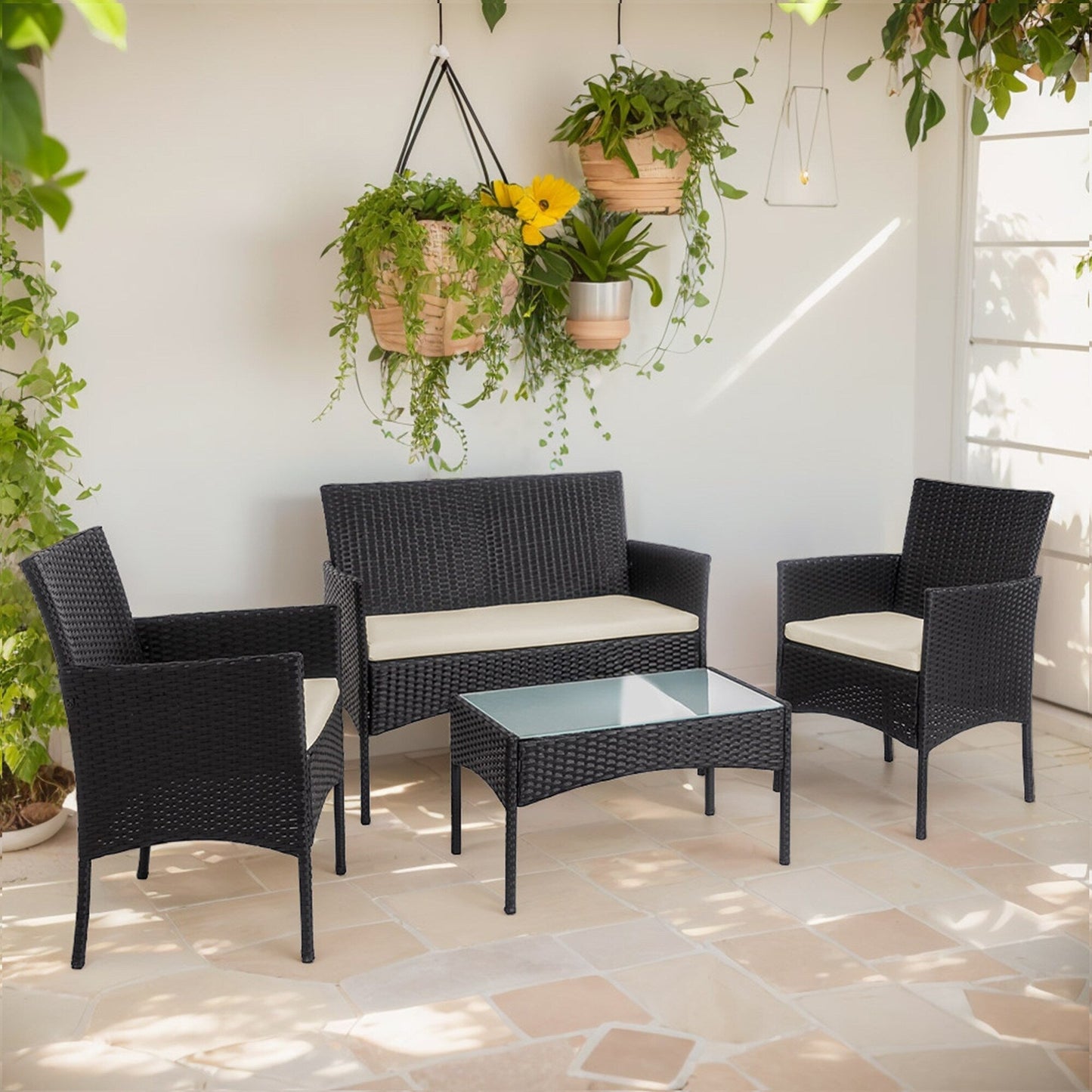 Ensemble de meubles en osier pour patio, 4 pièces, ensemble de meubles d'extérieur en rotin avec coussins