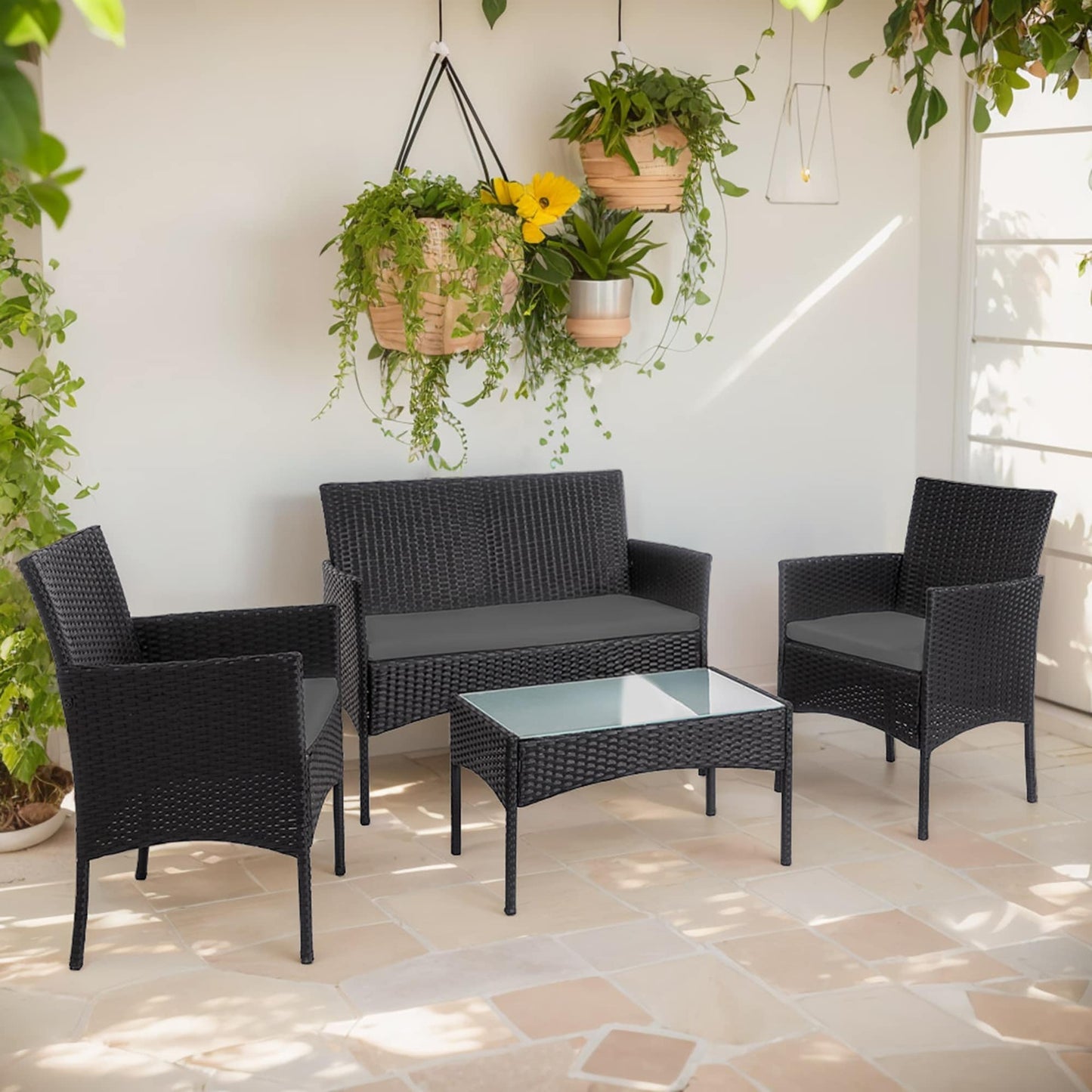 Ensemble de meubles en osier pour patio, 4 pièces, ensemble de meubles d'extérieur en rotin avec coussins
