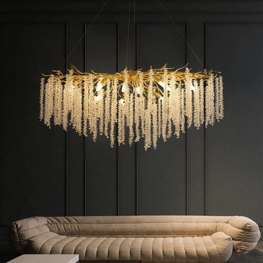 Luminaire rectangulaire moderne en cristal doré, branches d'arbre, 40 po, pour salle à manger, îlot de cuisine, lustre à branches.