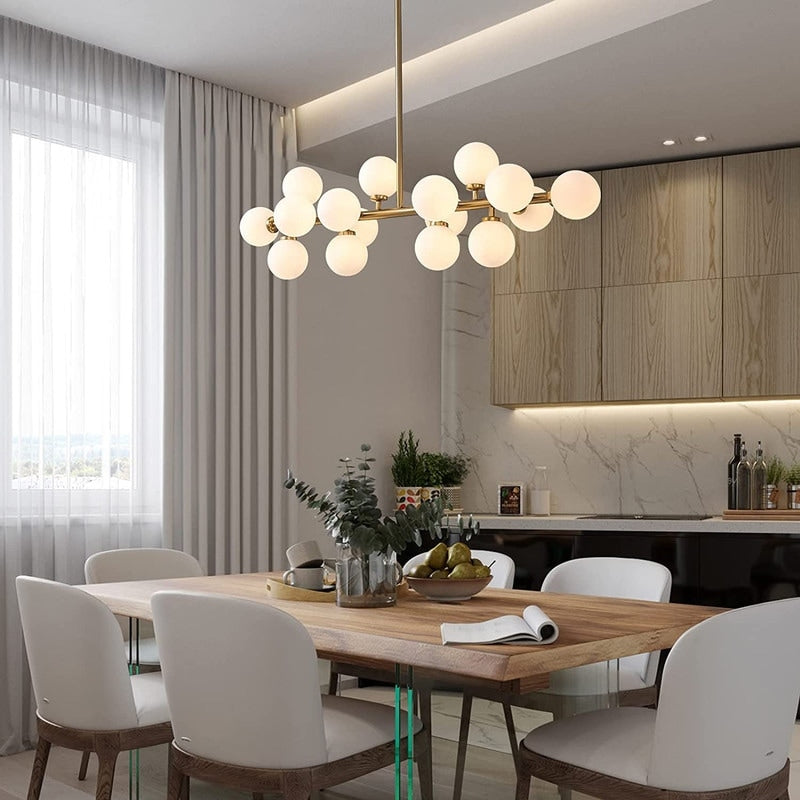 Luminaire suspendu linéaire à 16 lumières, style moderne du milieu du siècle, en laiton doré, avec globe en verre dépoli, 40 po, pour salle à manger.