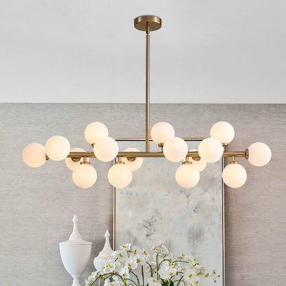 Luminaire suspendu linéaire à 16 lumières, style moderne du milieu du siècle, en laiton doré, avec globe en verre dépoli, 40 po, pour salle à manger.
