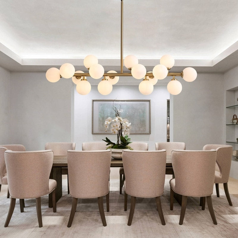 Luminaire suspendu linéaire à 16 lumières, style moderne du milieu du siècle, en laiton doré, avec globe en verre dépoli, 40 po, pour salle à manger.