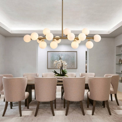 Luminaire suspendu linéaire à 16 lumières, style moderne du milieu du siècle, en laiton doré, avec globe en verre dépoli, 40 po, pour salle à manger.