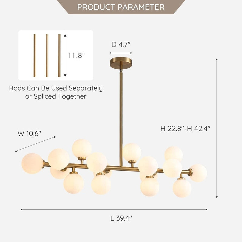 Luminaire suspendu linéaire à 16 lumières, style moderne du milieu du siècle, en laiton doré, avec globe en verre dépoli, 40 po, pour salle à manger.