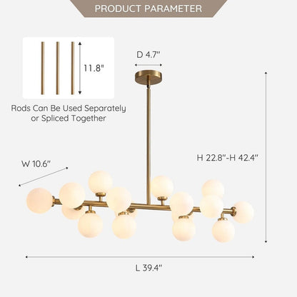 Luminaire suspendu linéaire à 16 lumières, style moderne du milieu du siècle, en laiton doré, avec globe en verre dépoli, 40 po, pour salle à manger.