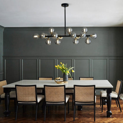 Luminaire suspendu linéaire à 16 lumières, style moderne du milieu du siècle, en laiton doré, avec globe en verre dépoli, 40 po, pour salle à manger.