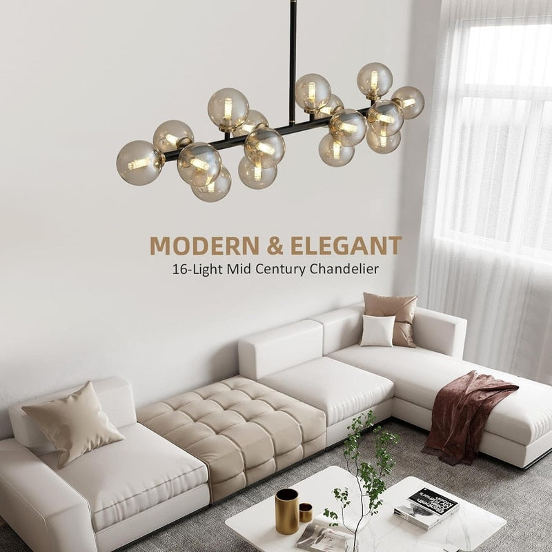 Luminaire suspendu linéaire à 16 lumières, style moderne du milieu du siècle, en laiton doré, avec globe en verre dépoli, 40 po, pour salle à manger.