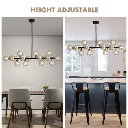 Luminaire suspendu linéaire à 16 lumières, style moderne du milieu du siècle, en laiton doré, avec globe en verre dépoli, 40 po, pour salle à manger.