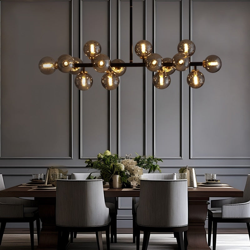 Luminaire suspendu linéaire à 16 lumières, style moderne du milieu du siècle, en laiton doré, avec globe en verre dépoli, 40 po, pour salle à manger.