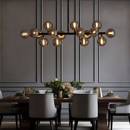 Luminaire suspendu linéaire à 16 lumières, style moderne du milieu du siècle, en laiton doré, avec globe en verre dépoli, 40 po, pour salle à manger.