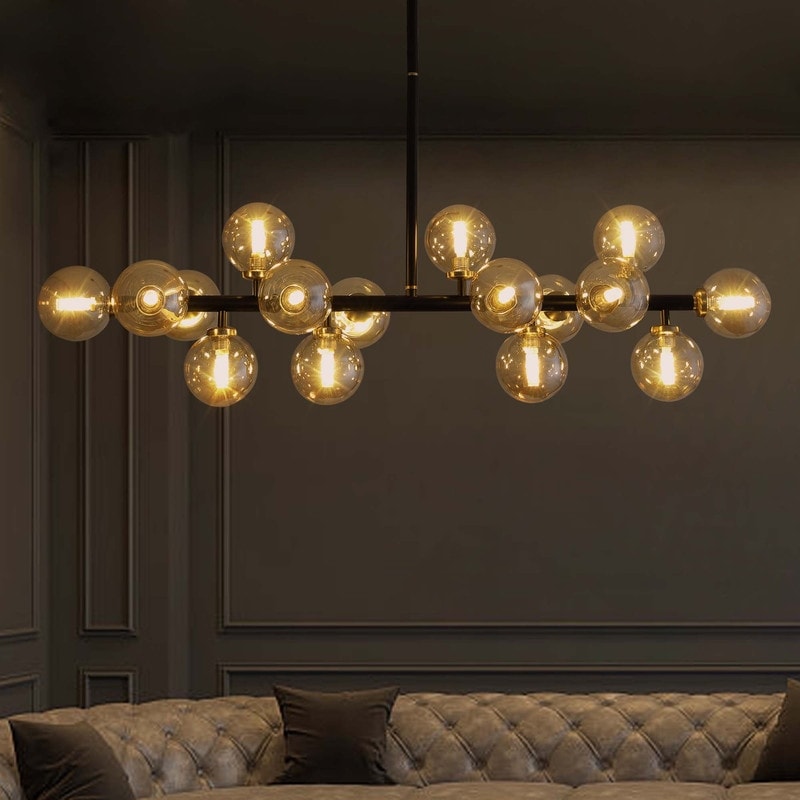 Luminaire suspendu linéaire à 16 lumières, style moderne du milieu du siècle, en laiton doré, avec globe en verre dépoli, 40 po, pour salle à manger.