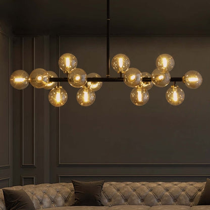 Luminaire suspendu linéaire à 16 lumières, style moderne du milieu du siècle, en laiton doré, avec globe en verre dépoli, 40 po, pour salle à manger.