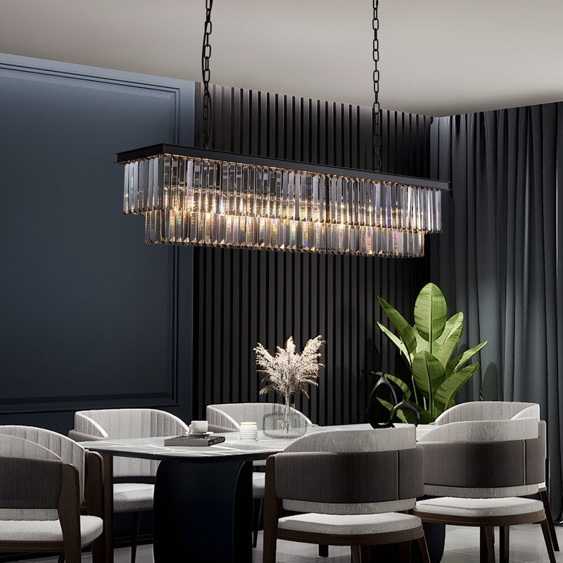 Luminaire suspendu à 2 niveaux pour îlot de cuisine, style moderne et contemporain, avec cristaux, gris fumé et noir, 47 po.