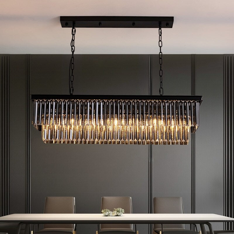 Luminaire suspendu à 2 niveaux pour îlot de cuisine, style moderne et contemporain, avec cristaux, gris fumé et noir, 47 po.
