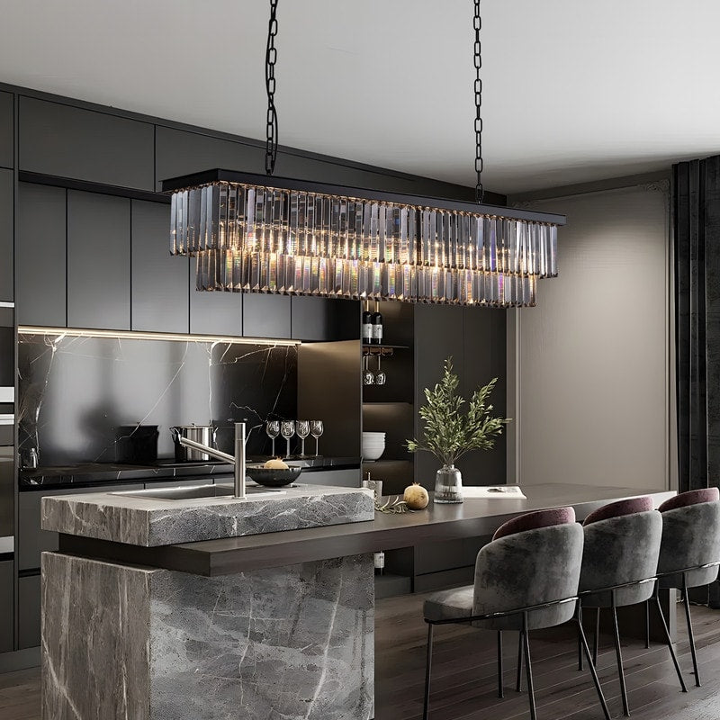 Luminaire suspendu à 2 niveaux pour îlot de cuisine, style moderne et contemporain, avec cristaux, gris fumé et noir, 47 po.