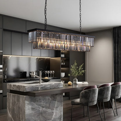 Luminaire suspendu à 2 niveaux pour îlot de cuisine, style moderne et contemporain, avec cristaux, gris fumé et noir, 47 po.