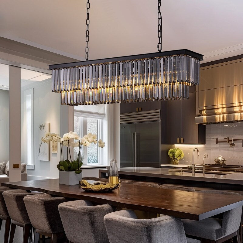 Luminaire suspendu à 2 niveaux pour îlot de cuisine, style moderne et contemporain, avec cristaux, gris fumé et noir, 47 po.