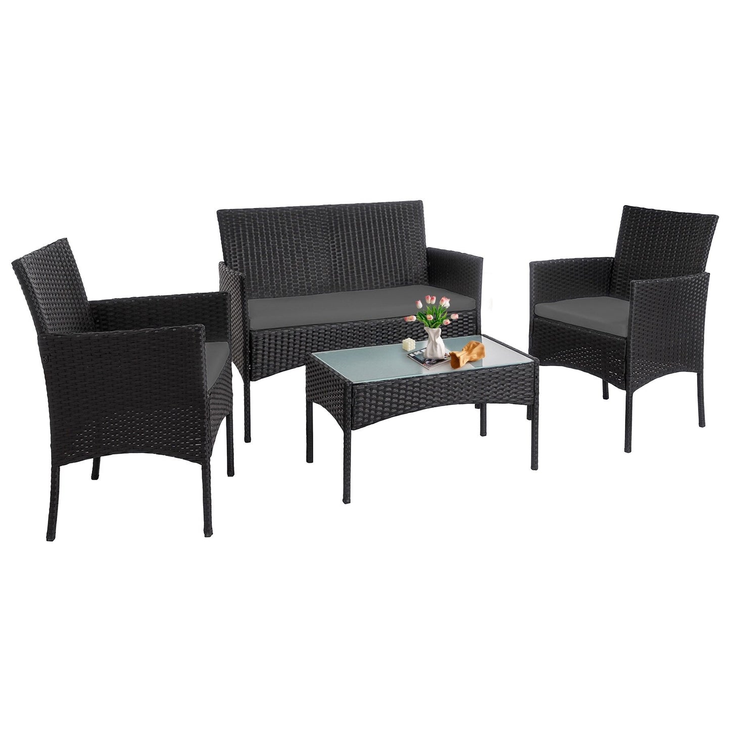 Ensemble de meubles en osier pour patio, 4 pièces, ensemble de meubles d'extérieur en rotin avec coussins