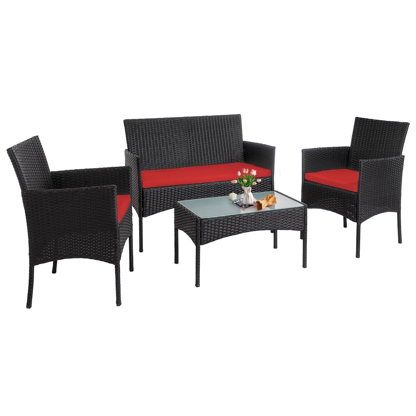 Ensemble de meubles en osier pour patio, 4 pièces, ensemble de meubles d'extérieur en rotin avec coussins