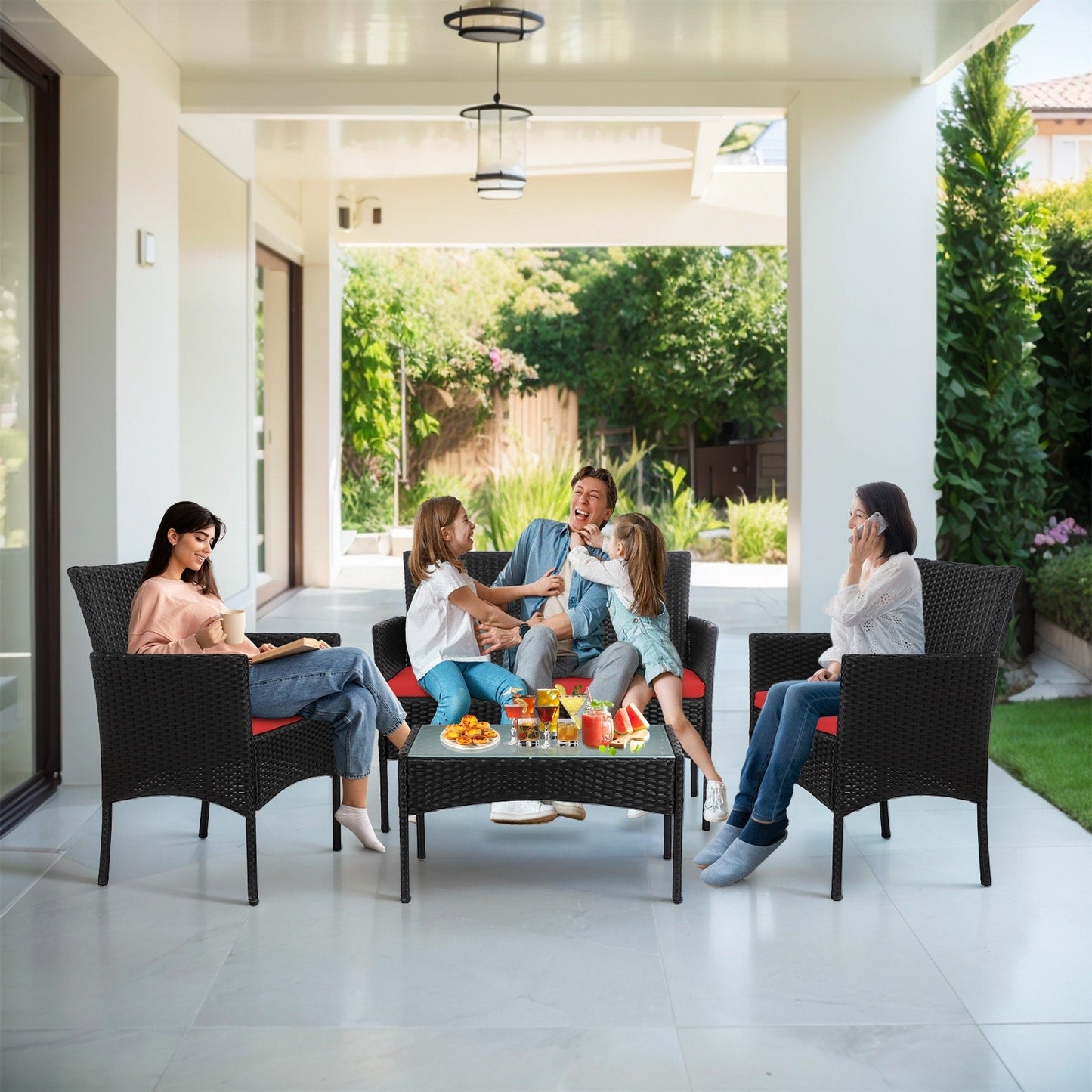 Ensemble de meubles en osier pour patio, 4 pièces, ensemble de meubles d'extérieur en rotin avec coussins