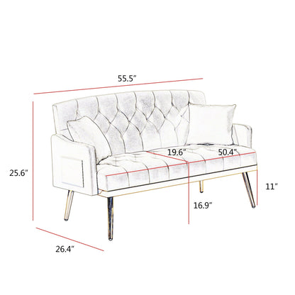 Canapé 2 places en velours 55,5 pouces avec 2 coussins, design contemporain et assemblage facile.