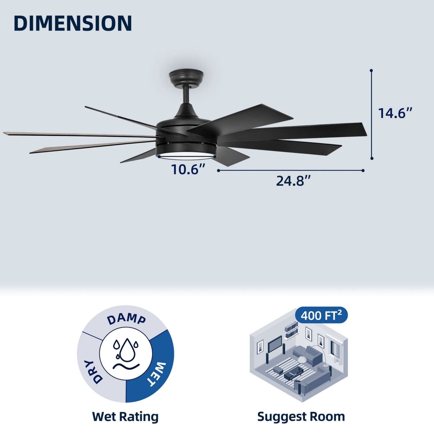 Ventilateur de plafond Moasis noir mat de 60 pouces avec 8 pales, éclairage LED et télécommande - 60
