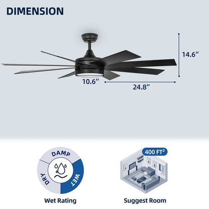 Ventilateur de plafond Moasis noir mat de 60 pouces avec 8 pales, éclairage LED et télécommande - 60