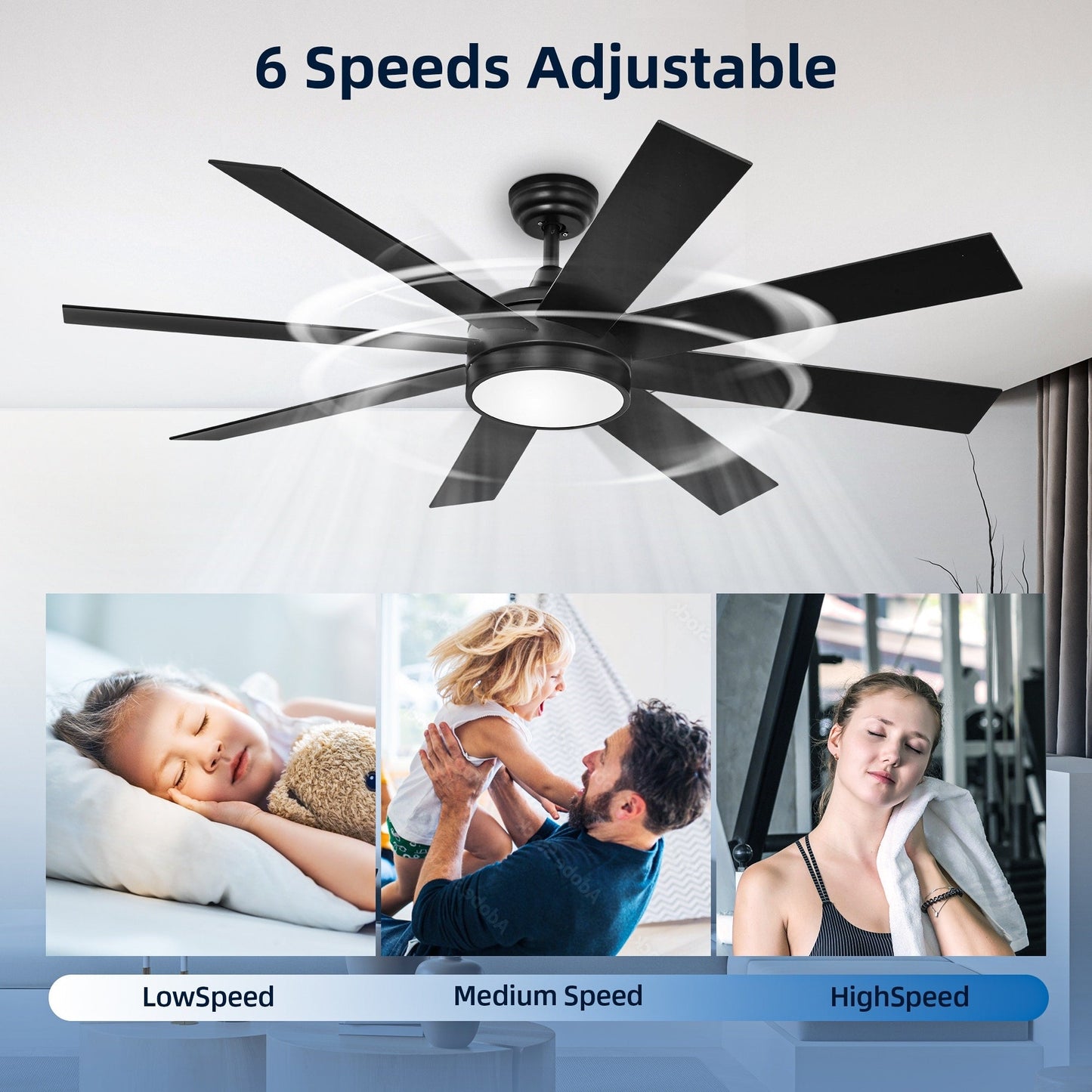 Ventilateur de plafond Moasis noir mat de 60 pouces avec 8 pales, éclairage LED et télécommande - 60
