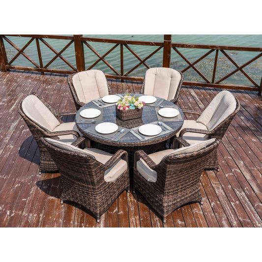 Ensemble de repas rond en rotin pour extérieur, 7 pièces, avec coussins, de Moda Furnishings