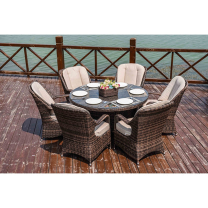 Ensemble de repas rond en rotin pour extérieur, 7 pièces, avec coussins, de Moda Furnishings
