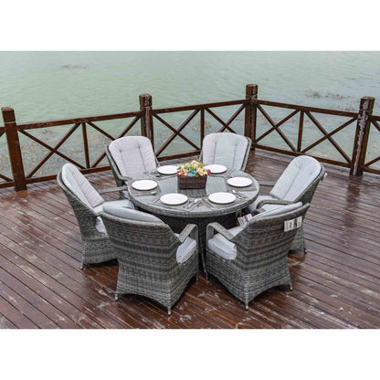 Ensemble de repas rond en rotin pour extérieur, 7 pièces, avec coussins, de Moda Furnishings