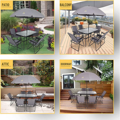 Ensemble de repas de jardin 8 pièces, ensemble de table de jardin d'extérieur avec parasol amovible, table en verre et 6 chaises pliantes