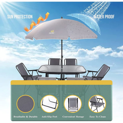 Ensemble de repas de jardin 8 pièces, ensemble de table de jardin d'extérieur avec parasol amovible, table en verre et 6 chaises pliantes