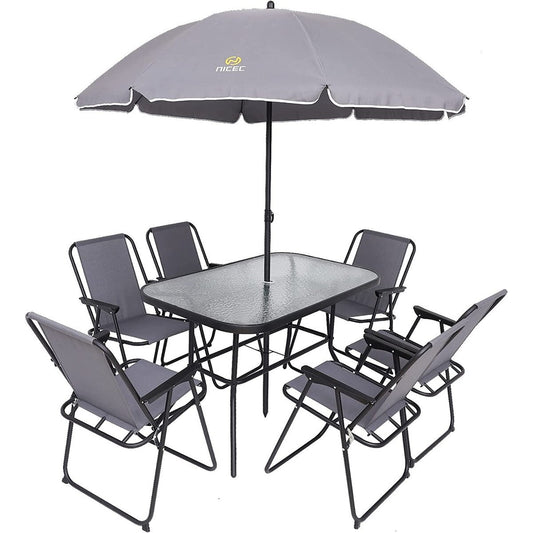 Ensemble de repas de jardin 8 pièces, ensemble de table de jardin d'extérieur avec parasol amovible, table en verre et 6 chaises pliantes
