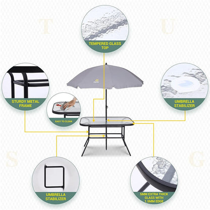 Ensemble de repas de jardin 8 pièces, ensemble de table de jardin d'extérieur avec parasol amovible, table en verre et 6 chaises pliantes