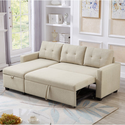 Canapé-lit convertible 3 places recouvert de tissu, 207 cm, avec lit escamotable, méridienne de rangement réversible et coussins de dossier.