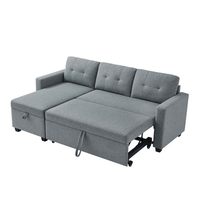 Canapé-lit convertible 3 places recouvert de tissu, 207 cm, avec lit escamotable, méridienne de rangement réversible et coussins de dossier.