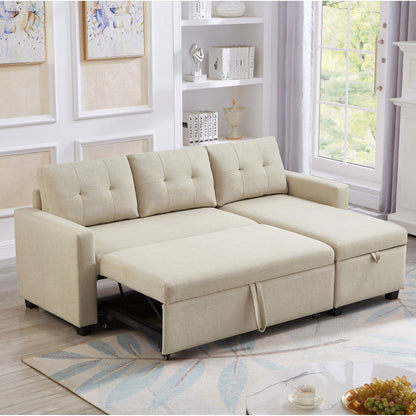Canapé-lit convertible 3 places recouvert de tissu, 207 cm, avec lit escamotable, méridienne de rangement réversible et coussins de dossier.