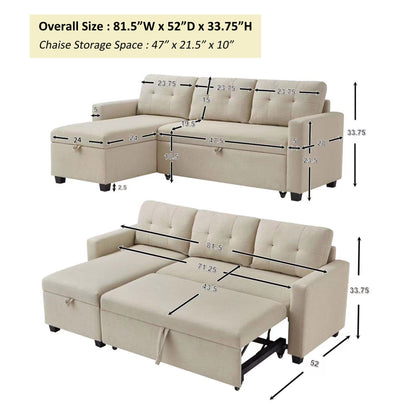 Canapé-lit convertible 3 places recouvert de tissu, 207 cm, avec lit escamotable, méridienne de rangement réversible et coussins de dossier.