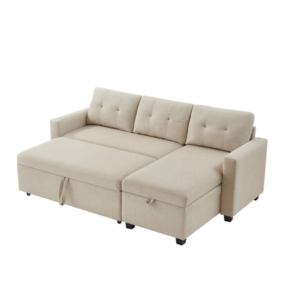 Canapé-lit convertible 3 places recouvert de tissu, 207 cm, avec lit escamotable, méridienne de rangement réversible et coussins de dossier.