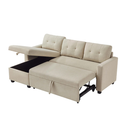 Canapé-lit convertible 3 places recouvert de tissu, 207 cm, avec lit escamotable, méridienne de rangement réversible et coussins de dossier.
