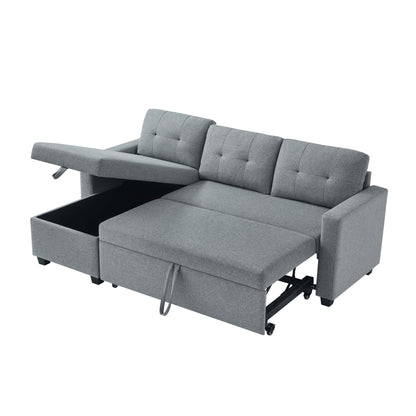 Canapé-lit convertible 3 places recouvert de tissu, 207 cm, avec lit escamotable, méridienne de rangement réversible et coussins de dossier.